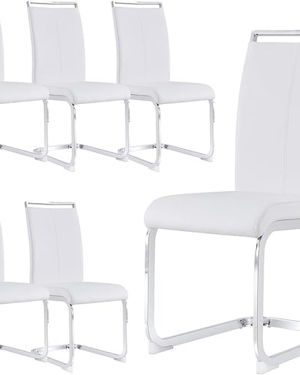 Dining Chairs Set, Kitchen Modern Metal Chairs with Faux Leather Padded Seat High Back and Sturdy Chrome Legs, Chairs for Dining Room (White, Set of 6) - LeafyLoom