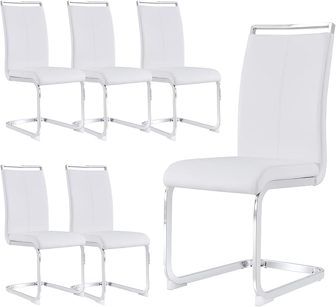 Dining Chairs Set, Kitchen Modern Metal Chairs with Faux Leather Padded Seat High Back and Sturdy Chrome Legs, Chairs for Dining Room (White, Set of 6) - LeafyLoom