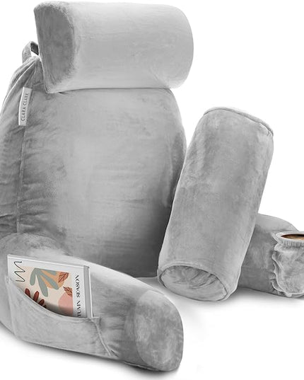Clara Clark Reading Pillow, Large Back Pillow for Sitting Up in Bed, Memory Foam Back Support Pillow, Reading Pillows for Sitting in Bed Adult, Light Grey Sit Up Pillow for Bed with Arms and Pockets - LeafyLoom