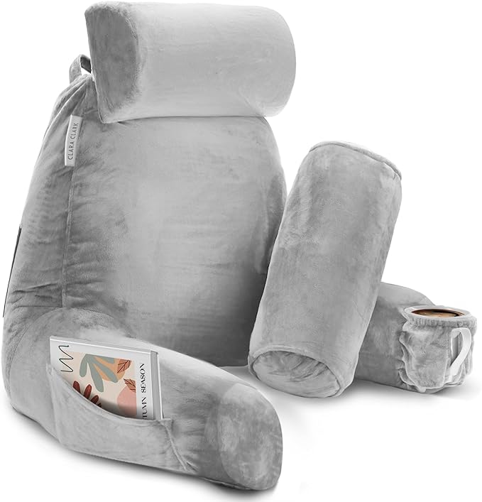 Clara Clark Reading Pillow, Large Back Pillow for Sitting Up in Bed, Memory Foam Back Support Pillow, Reading Pillows for Sitting in Bed Adult, Light Grey Sit Up Pillow for Bed with Arms and Pockets - LeafyLoom