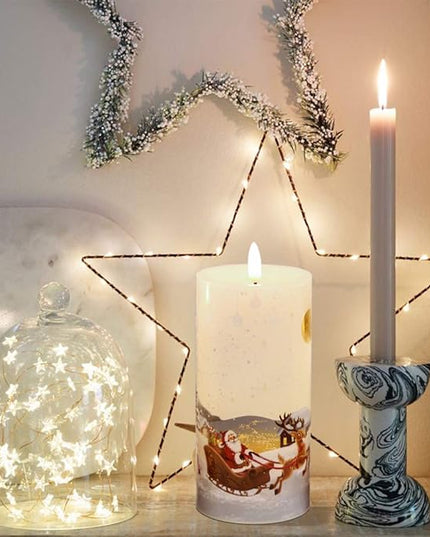 DRomance Christmas White LED Flameless Flickering Candles Battery Operated with 10-Key Remote and Timer Set of 3 Realistic 3D Wick Real Wax Holiday Flameless Pillar Candles, Santa Decal DRomance