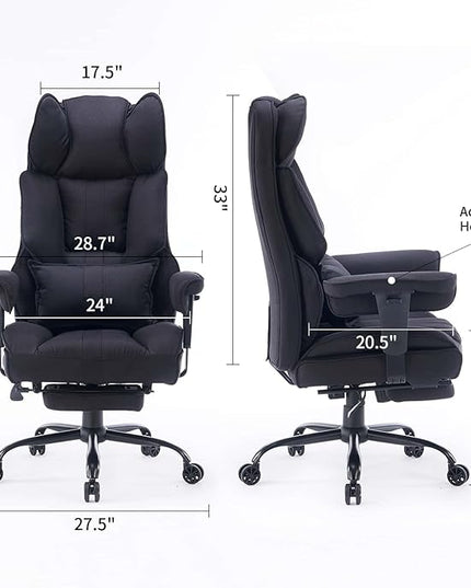 Fabric Office Chair, Big and Tall Office Chair 400 lb Weight Capacity, High Back Executive Office Chair with Foot Rest, Ergonomic Office Chair for Back Pain Relief, Black - LeafyLoom