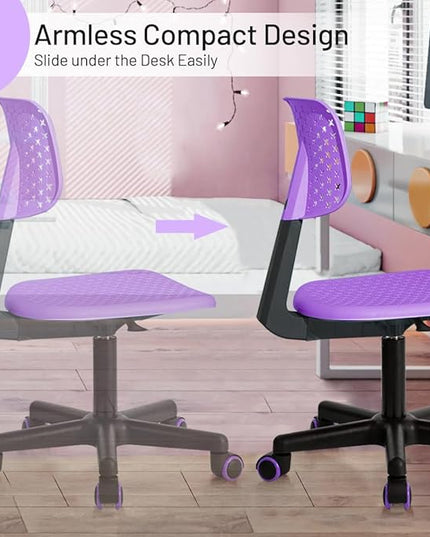 Desk Chair Armless Cute Office Chair, Low Back Rolling Home Office Task Chair Adjustable Swivel Study Chair for Girls Teens Adults Children Kids, Purple - LeafyLoom