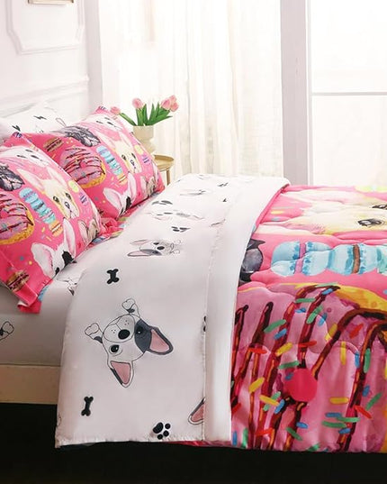 7 Piece Dog Comforter Set Full Size for Kids Cute 3D French Bulldog Dogs Bedding Bed in A Bag for Teens Boys Girls All Season Watercolor Pink Animal Themed Comforter - LeafyLoom
