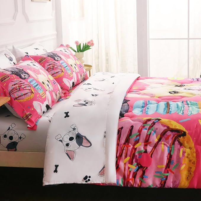 7 Piece Dog Comforter Set Full Size for Kids Cute 3D French Bulldog Dogs Bedding Bed in A Bag for Teens Boys Girls All Season Watercolor Pink Animal Themed Comforter - LeafyLoom