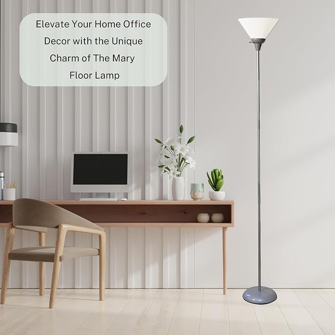 Stand Up Floor Lamp in Silver - Stylish and Functional Torchiere with Opal White Cone Shade, 70-Inch Tall Lamp Ideal for Living Rooms and Bedrooms - Contemporary Floor Lamps for Living Room - LeafyLoom
