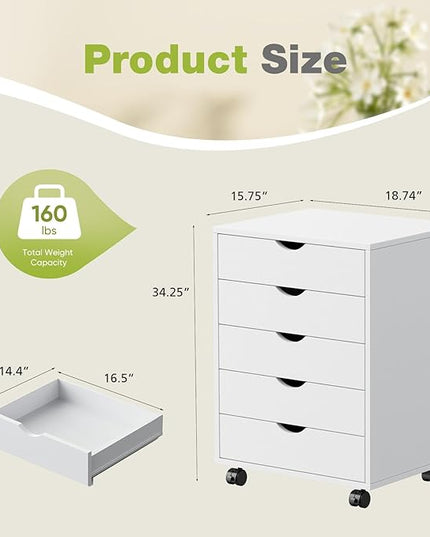 DUMOS 5 Drawer File Cabinet 5 Wood Rolling Organizer Storage Chest with Wheels Mobile Printer Stand for Home Office, White - LeafyLoom