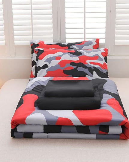 Meeting Story Camouflage Bedding Set, Colorful Pattern Style Comforter Set, 5 PCS One Comforter Two Pillowcases Two Sheets in One Bag, All Season Bedspread for Teens Adults (Red-Black, Full 5Pcs) - LeafyLoom