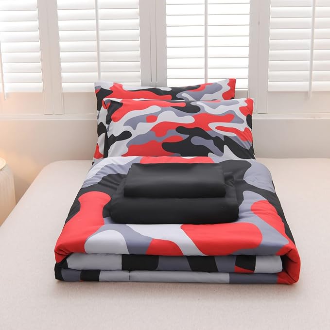 Meeting Story Camouflage Bedding Set, Colorful Pattern Style Comforter Set, 5 PCS One Comforter Two Pillowcases Two Sheets in One Bag, All Season Bedspread for Teens Adults (Red-Black, Full 5Pcs) - LeafyLoom