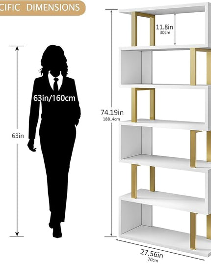 Bookshelf geometric bookcase S Shaped industrial bookshelf Storage Display Stand Shelf for Living Room Bedroom and office Room (White, 6 Tier) - LeafyLoom