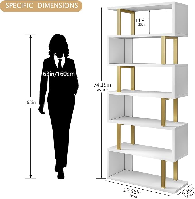 Bookshelf geometric bookcase S Shaped industrial bookshelf Storage Display Stand Shelf for Living Room Bedroom and office Room (White, 6 Tier) - LeafyLoom