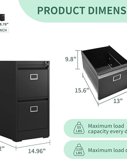 2 Drawer File Cabinet,Metal Vertical File Cabinets with Lock for Home Office,Heavy Duty Office Steel Filing Cabinet for Hanging Letters/Legal/A4, Assembly Required (Black) - LeafyLoom