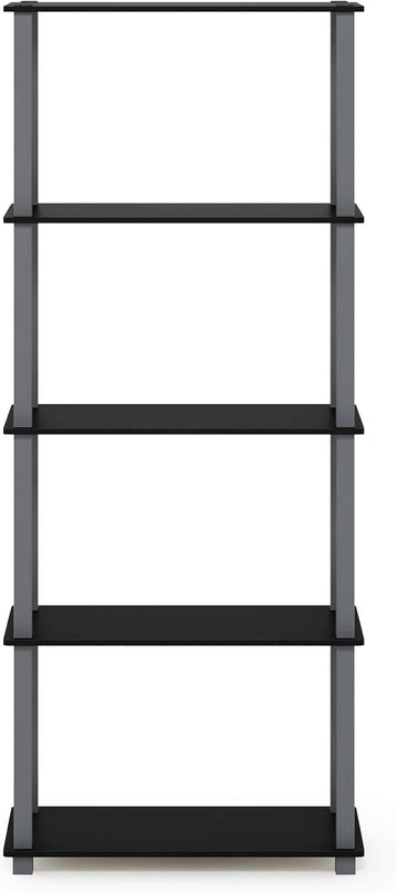 Furinno Turn-N-Tube 5-Tier Multipurpose Shelf / Display Rack / Storage Shelf / Bookshelf, Square Tubes, Black/Grey - LeafyLoom
