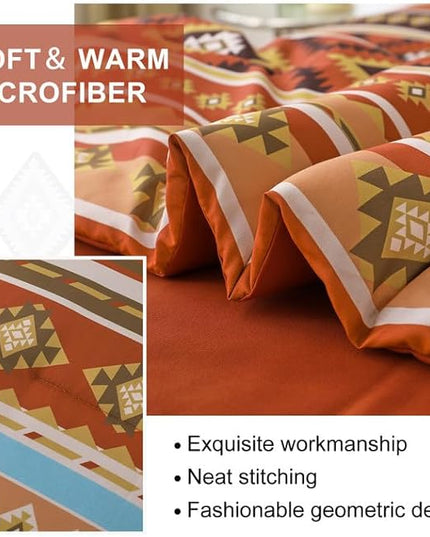 Dinjoy Queen Size Comforter Set Boho,Burn Orange Bed in a Bag Queen Striped Bedding Sets Terracotta Western Comforters with Sheets 7 Pieces Complete Set Aztec for All Seasons 90"x90" - LeafyLoom