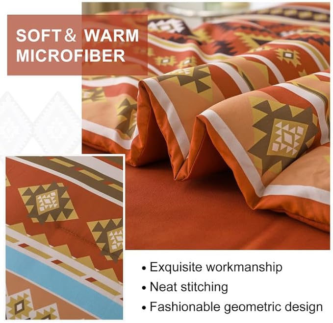 Burn Orange/Terracotta Comforter Set King, Boho Bed in A Bag King Size 7 Pieces Aztec Striped Bedding Set for Women Men Geometric Bohemian Complete Set (90"×104") - LeafyLoom