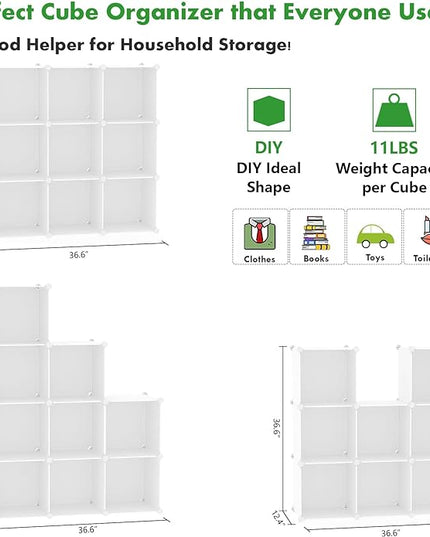 C&AHOME Cube Storage, 9-Cube Bookshelf, Plastic Closet Cabinet Organizer, DIY Stackable Bookcase, Modular Shelving Units Ideal for Home, Office, Kids Room, 36.6" L x 12.4" W x 48.4" H Milky UPCS09M - LeafyLoom
