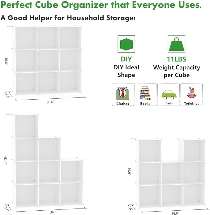 C&AHOME Cube Storage, 9-Cube Bookshelf, Plastic Closet Cabinet Organizer, DIY Stackable Bookcase, Modular Shelving Units Ideal for Home, Office, Kids Room, 36.6" L x 12.4" W x 48.4" H Milky UPCS09M - LeafyLoom