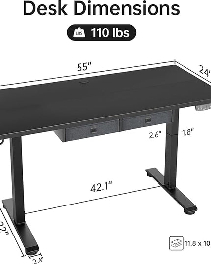 Standing Desk with 2 Drawers, Adjustable Height Electric Desk with Storage, 55 x 24 Inches Sit Stand Up Computer Table for Work Office Home, Black - LeafyLoom