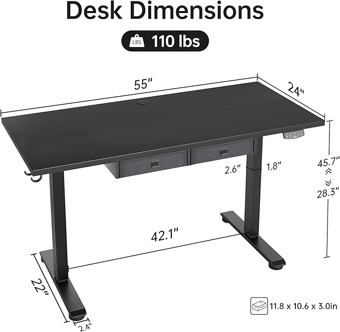 Standing Desk with 2 Drawers, Adjustable Height Electric Desk with Storage, 55 x 24 Inches Sit Stand Up Computer Table for Work Office Home, Black - LeafyLoom
