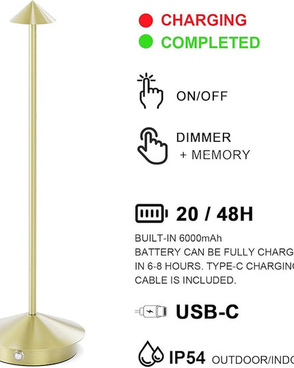 2-Pack 6000mAh Rechargeable LED Table Lamps,Outdoor Cordless Table Lamp Waterproof Portable, 3-Color Stepless Dimmable Modern Lamp for Restaurant/Bedroom(Gold) - LeafyLoom