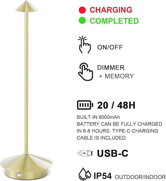 2-Pack 6000mAh Rechargeable LED Table Lamps,Outdoor Cordless Table Lamp Waterproof Portable, 3-Color Stepless Dimmable Modern Lamp for Restaurant/Bedroom(Gold) - LeafyLoom