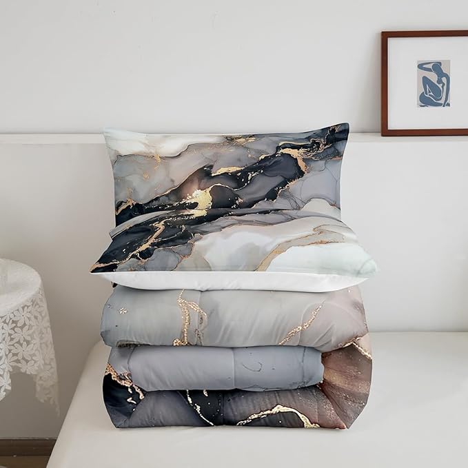Erosebridal Black Marble Bedding Set Queen,Black and Grey Marble Comforter Set Men Teens Boys Modern Gray Orange Abstract Art Tie Dye Down Comforter Kids Gothic White Gold Marble Duvet Insert Soft - LeafyLoom