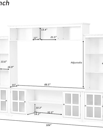 Merax Minimalism Style Entertainment Wall Unit with Bridge, Multifunctional TV Stand with Tempered Glass Door Modern Console Table for Televisions Up to 70”, 104.3 inch Length, White - LeafyLoom