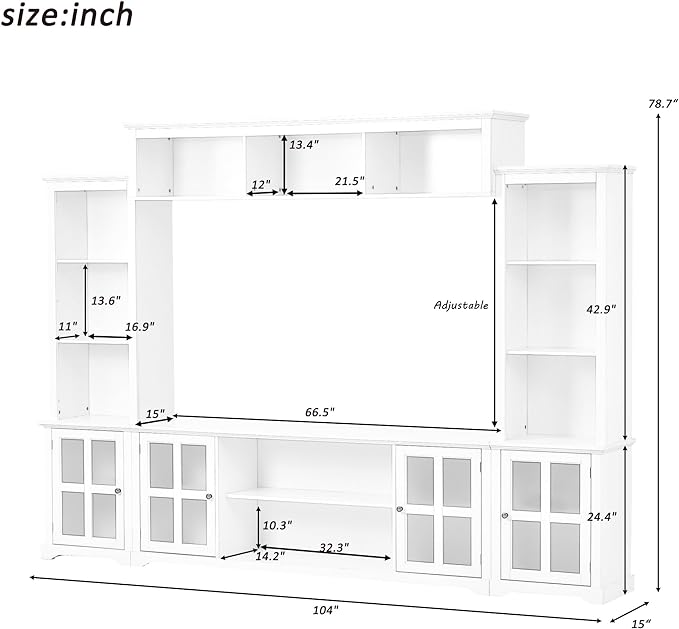 Merax Minimalism Style Entertainment Wall Unit with Bridge, Multifunctional TV Stand with Tempered Glass Door Modern Console Table for Televisions Up to 70”, 104.3 inch Length, White - LeafyLoom