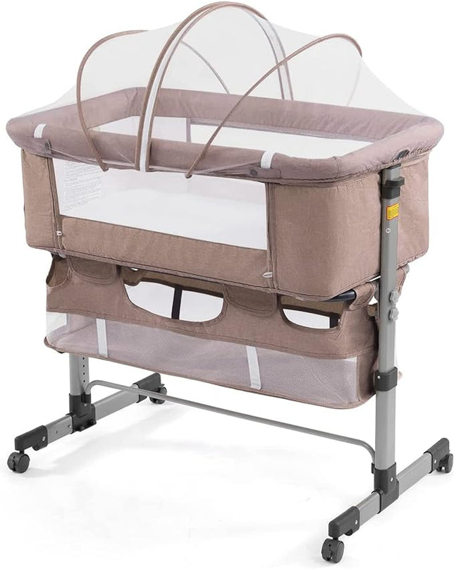 3in1 Bedside Crib for Girl or Boy, Bedside Sleeper for Baby Portable and Adjustable Crib with Mosquito net for Newborn Baby,Deep Khaki - LeafyLoom