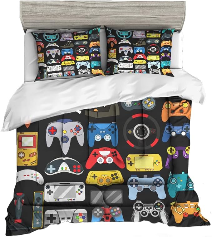 Sunnycitron Gamer Bedding Set, Twin Comforter, 100% Microfiber, 3Pcs, Game2-2, Boys Bedroom Decor, Gaming Room Decor, All Seasons, Machine Wash - LeafyLoom