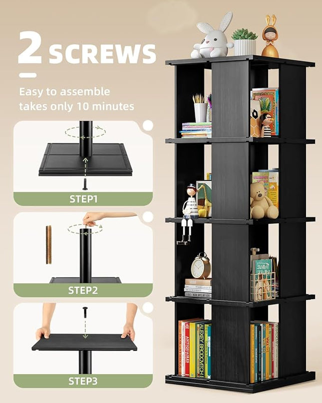 Rotating Bookshelf, 4-Shelf 360° Solid Wood Book shelf Tower, Stackable Revolving Bookcase Organizer for Living Room, Bedroom, Study(Black) - LeafyLoom