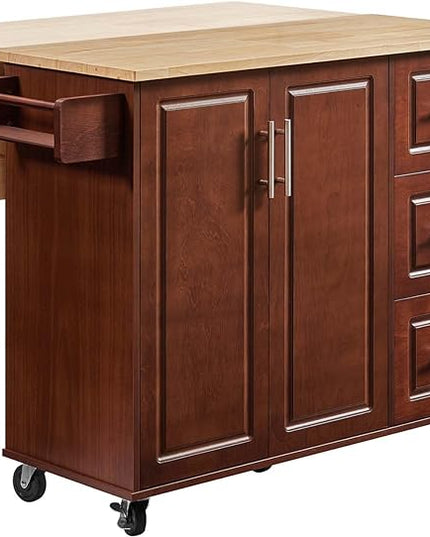 54" Rolling Kitchen Island Cart with Storage, Large Kitchen Cart with Folding Drop Leaf Breakfast Bar, Wood Island Table for Kitchen with 3 Drawers and Spice Rack & Towel Rack, Rustic Brown - LeafyLoom