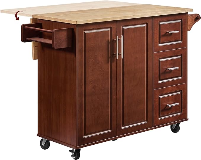 54" Rolling Kitchen Island Cart with Storage, Large Kitchen Cart with Folding Drop Leaf Breakfast Bar, Wood Island Table for Kitchen with 3 Drawers and Spice Rack & Towel Rack, Rustic Brown - LeafyLoom