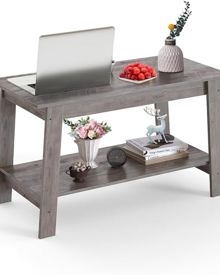 Coffee Table for Living Room, 2-Tier Coffee Table with Storage Shelf, Living Room Table Rectangular Center Table, Farmhouse Wood Coffee Table, Modern TV Stand for Small Spaces, Easy Assembly, Gray - LeafyLoom