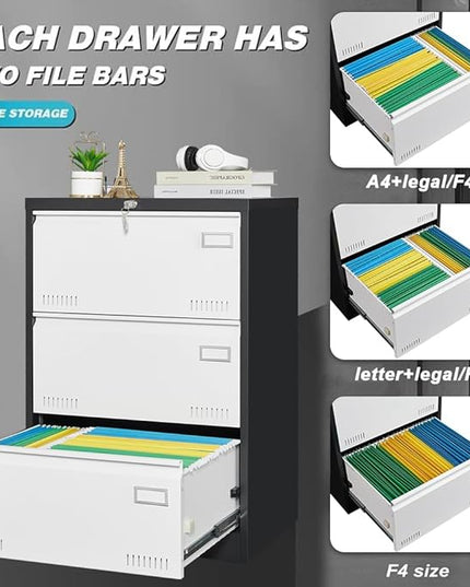 3 Drawer Metal Lateral Lock and Card Holder,Office Vertical Files Storage Cabinets w/Heavy 3 Section Slide Rail & Breathable Holes,for Legal/Letter/A4,Black+White - LeafyLoom
