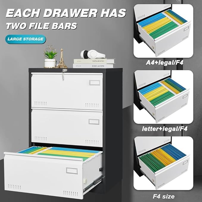 3 Drawer Metal Lateral Lock and Card Holder,Office Vertical Files Storage Cabinets w/Heavy 3 Section Slide Rail & Breathable Holes,for Legal/Letter/A4,Black+White - LeafyLoom