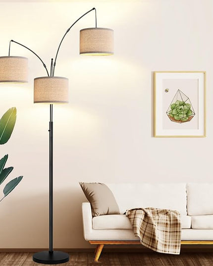 Dimmable Floor Lamp - 3 Lights Arc Floor Lamps for Living Room, 1000LM Modern Tall Standing Lamp with Beige Shades & Heavy Base, Mid Century Tree Floor Lamp for Bedroom Office, 3 LED Bulbs Included - LeafyLoom