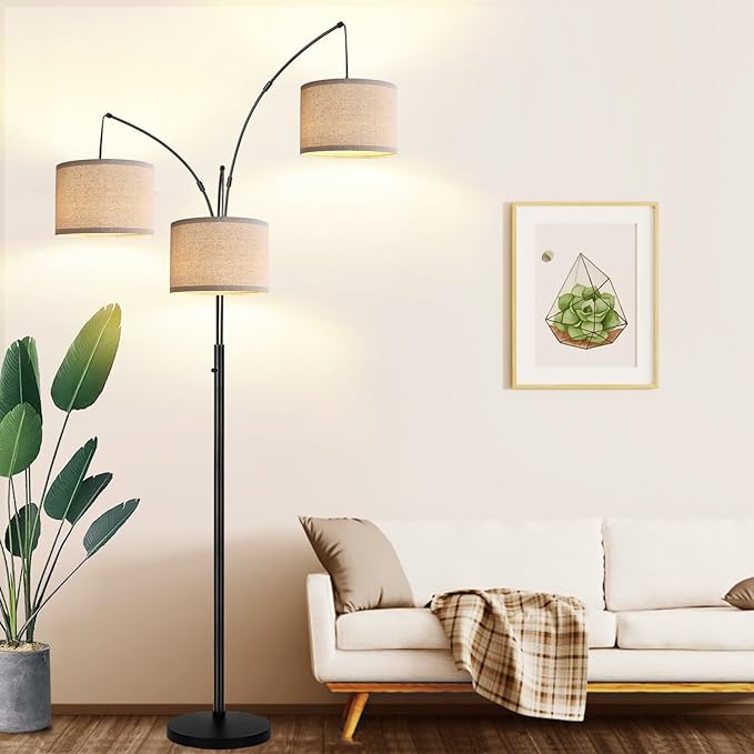 Dimmable Floor Lamp - 3 Lights Arc Floor Lamps for Living Room, 1000LM Modern Tall Standing Lamp with Beige Shades & Heavy Base, Mid Century Tree Floor Lamp for Bedroom Office, 3 LED Bulbs Included - LeafyLoom