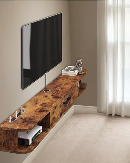 Floating TV Unit, 63'' Wall Mounted TV Cabinet, Floating Shelves with Door, Modern Entertainment Media Console Center Large Storage TV Bench for Living Room & Office (62.99IN, Rustic Brown) - LeafyLoom