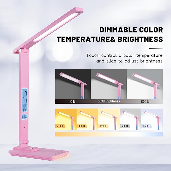 LED Desk Lamp Wireless Charger: Pink Office Table Lamps with USB Port, Reading Lamp for Home with Clock Alarm Temperature | Desk Light with Night Light, Eye-caring Smart Lamp for Dorm College - LeafyLoom