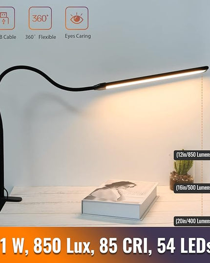 LED Desk Lamp with Clamp, Clamp Light, Tall Desk Lamp with Long Gooseneck, 11W, 850 LMS, 3 Color Modes, 10 Brightness Levels, Eye-Caring, Clip on Desk Light for Reading, Home, Office - LeafyLoom