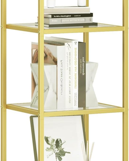 Bookcase Bookshelf, Tempered Glass Arched Bookshelf for More Storage, Slim Shelving Unit for Bedroom, Bathroom, Home Office, Steel Frame, 5 Tier Gold BC20599G - LeafyLoom
