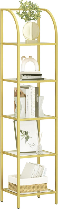 Bookcase Bookshelf, Tempered Glass Arched Bookshelf for More Storage, Slim Shelving Unit for Bedroom, Bathroom, Home Office, Steel Frame, 5 Tier Gold BC20599G - LeafyLoom