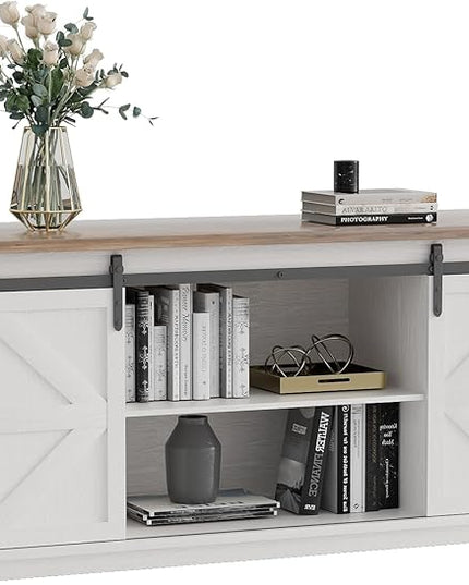 YESHOMY Farmhouse TV Stand and Entertainment Center for Televisions up to 65 Inchs, with Sliding Barn Doors and Storage Cabinets, Console Table and Media Furniture for Living Room, 58 Inch, White - LeafyLoom