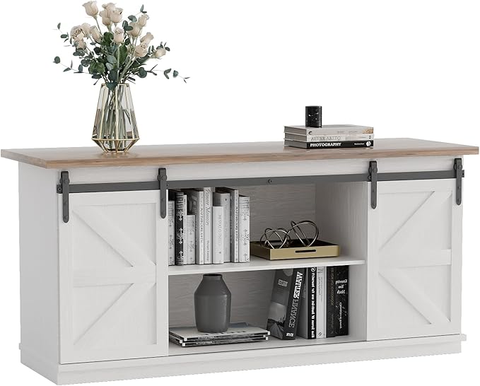 YESHOMY Farmhouse TV Stand and Entertainment Center for Televisions up to 65 Inchs, with Sliding Barn Doors and Storage Cabinets, Console Table and Media Furniture for Living Room, 58 Inch, White - LeafyLoom