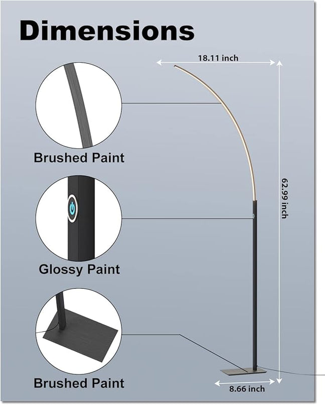 TACAHE Arc Corner Floor Lamp - 3000K Warm White & 3 Brightness Presets - Curved LED Accent Lamp with Touch Switch - 63" Modern Standing Lamp for Bedroom, Living Room - 12W - Black - LeafyLoom