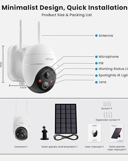 ieGeek 5MP Security Cameras Wireless Outside, Solar Camera Outdoor Wireless WiFi 360° PTZ Battery Powered with Spotlight & Siren/Motion Detection/Color Night Vision/2-Way Audio/IP65, Works with Alexa ieGeek