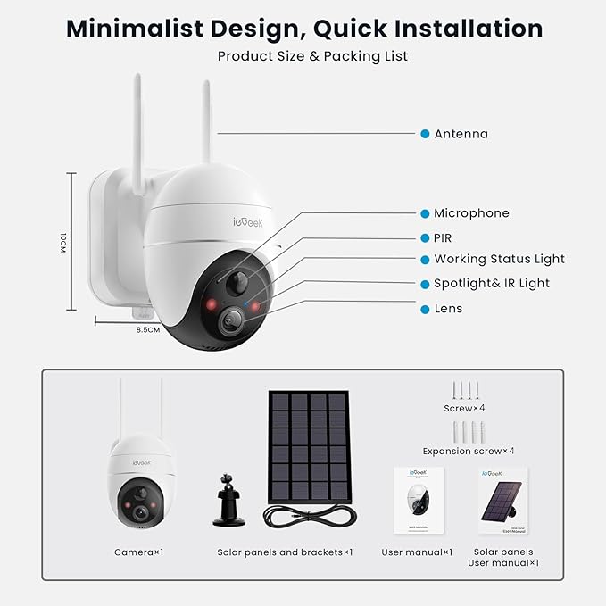 ieGeek 5MP Security Cameras Wireless Outside, Solar Camera Outdoor Wireless WiFi 360° PTZ Battery Powered with Spotlight & Siren/Motion Detection/Color Night Vision/2-Way Audio/IP65, Works with Alexa ieGeek