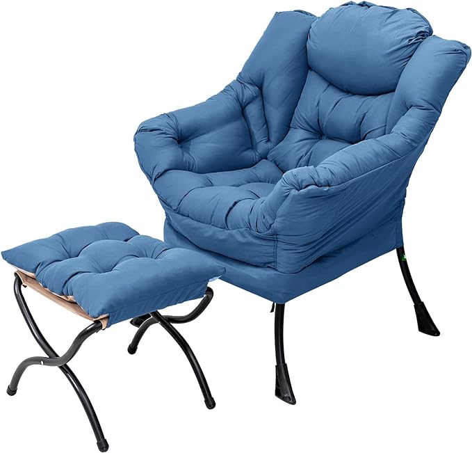 Welnow Lazy Chair with Ottoman, Modern Lounge Accent Chair with Armrests and a Side Pocket, Leisure Sofa Chair Set, Reading Chair with Footrest for Small Space, Corner Chair, Royal Blue - LeafyLoom