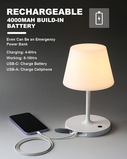 Outdoor Battery Operated Table Lamp Waterproof, 4000mAh Cordless Table Lamp Rechargeable, Touch Dimmable Desk Lamp, LED Night Light for Patio Camping Restaurant Home, H9.6in, White - LeafyLoom